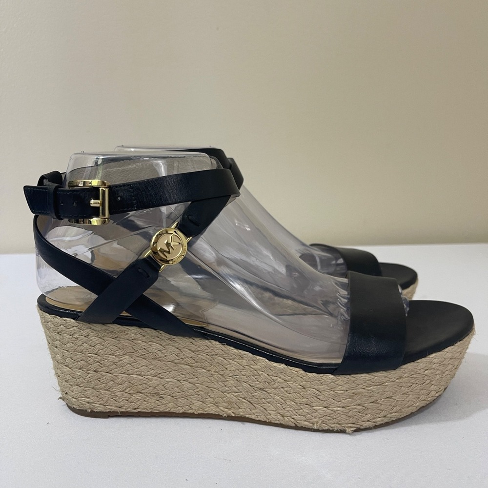 Michael Kors Sandals Womens 8.5M Jalita Black Leather Strappy Platform Wedge - Picture 2 of 11